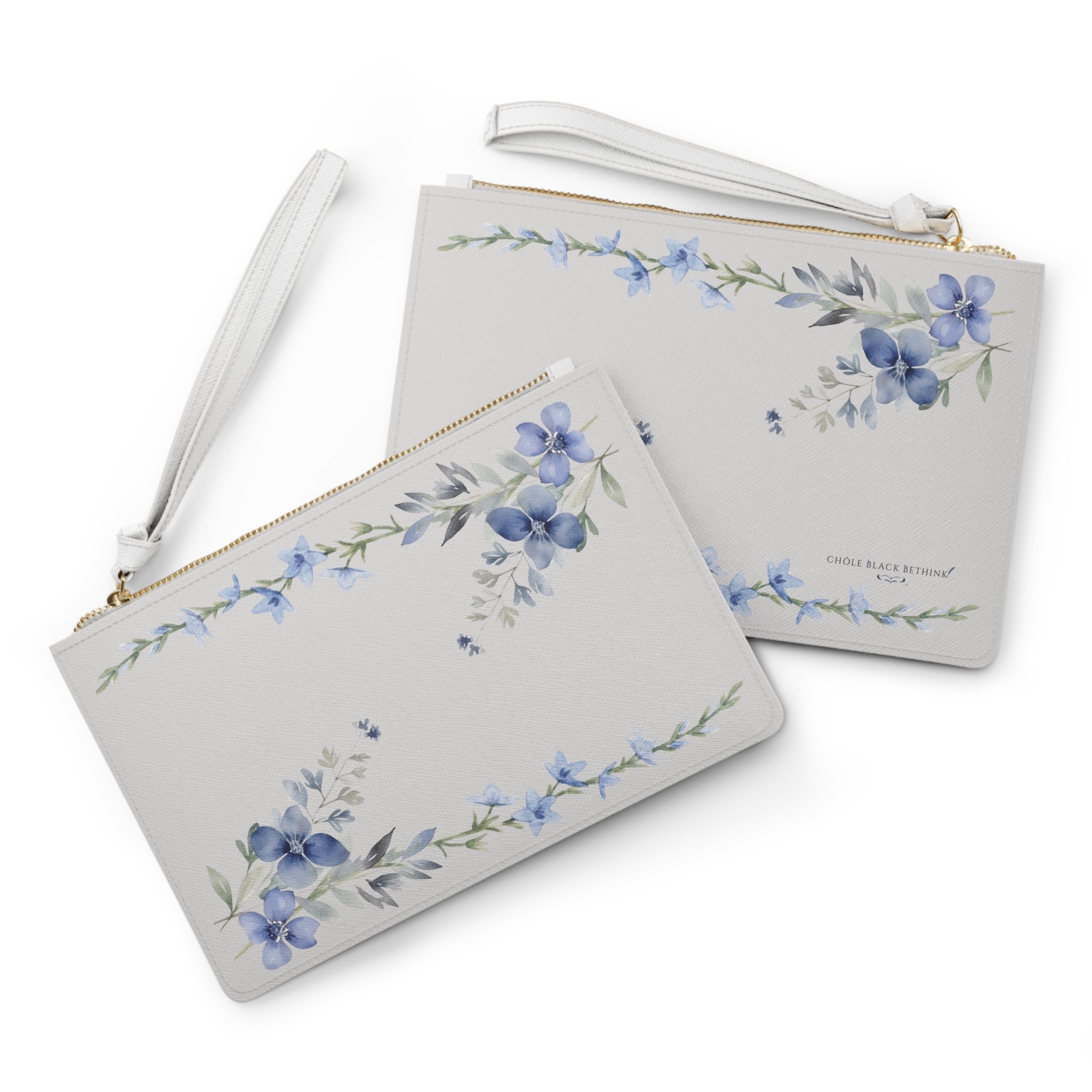 Floral Wristlet Clutch — Blue Watercolor Bouquet Purse