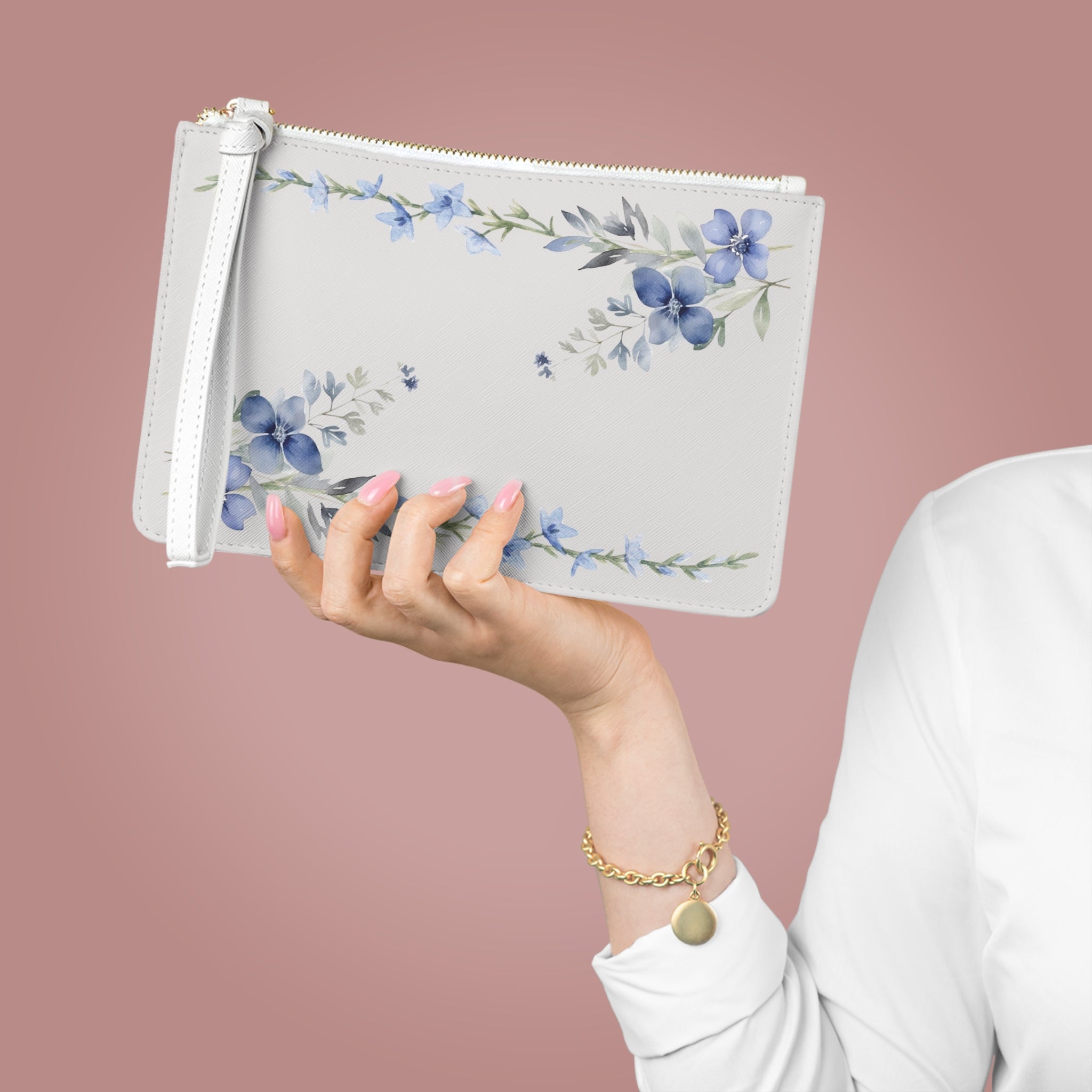 Floral Wristlet Clutch — Blue Watercolor Bouquet Purse