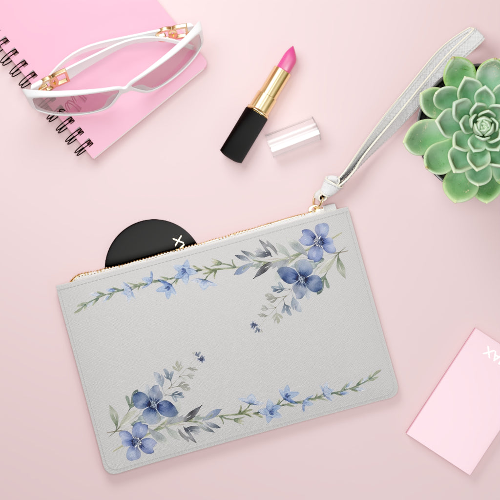 Floral Wristlet Clutch — Blue Watercolor Bouquet Purse